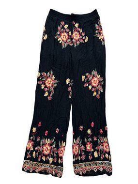 LIV Los Angeles Embroidered Wide Leg Pants Womens Black Boho Floral M